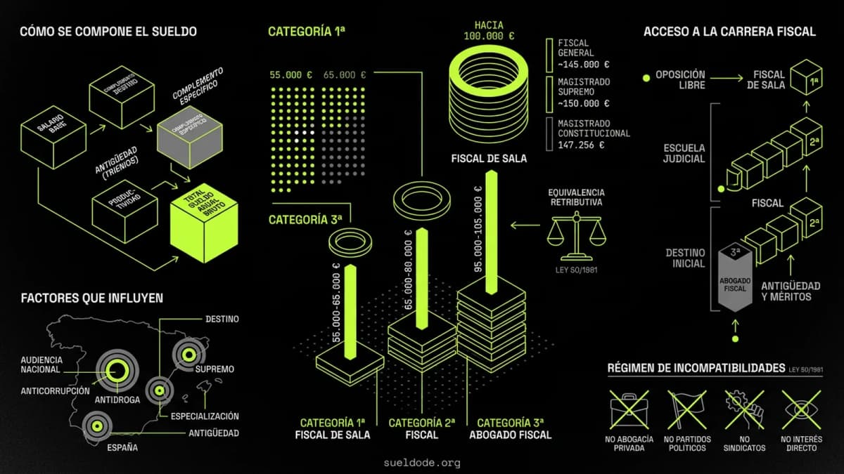 Infografía resumen del artículo: ¿Cuánto cobra un fiscal en España?
